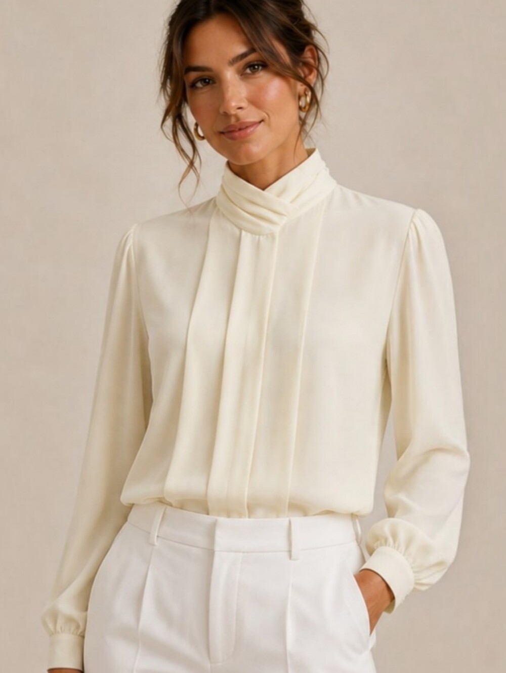 Vintage 80s Susan Hutton French Vanilla Chiffon Blouse Pleated Front Size 10